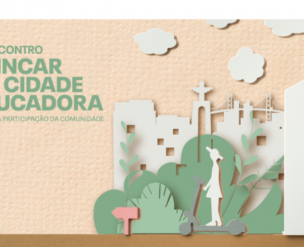 ilustração da silhueta da cidade de Almada com crianças