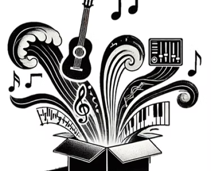 Desenho de caixa tipo pandora, de onde saiem instrumentos, pautas e notas musicais