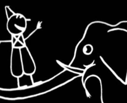 Desenho animado de um palhaço equilibrado na tromba de um elefante
