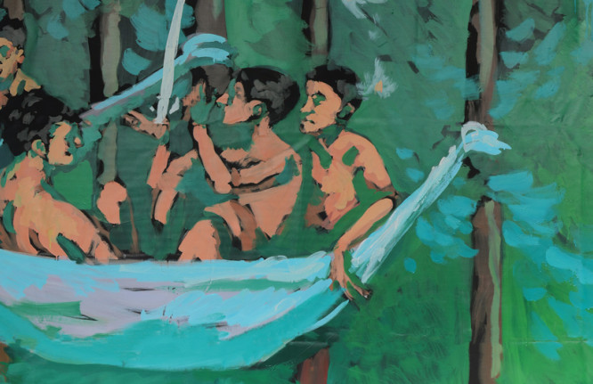 Pormenor de obra de Diogo Nogueira - pintura de corpos masculinos numa rede