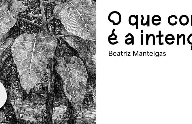 Desenho a preto e branco e título da exposição