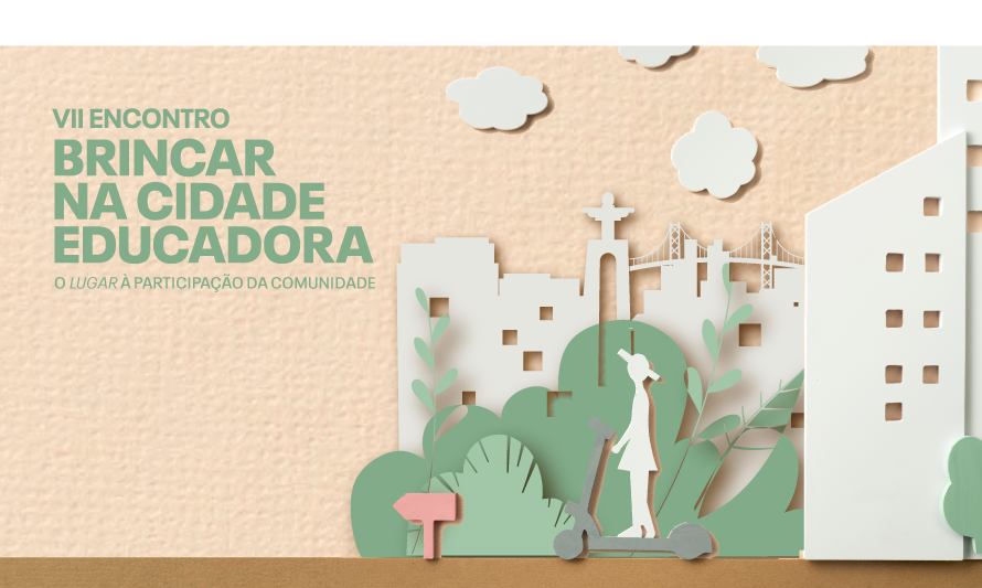 ilustração da silhueta da cidade de Almada com crianças