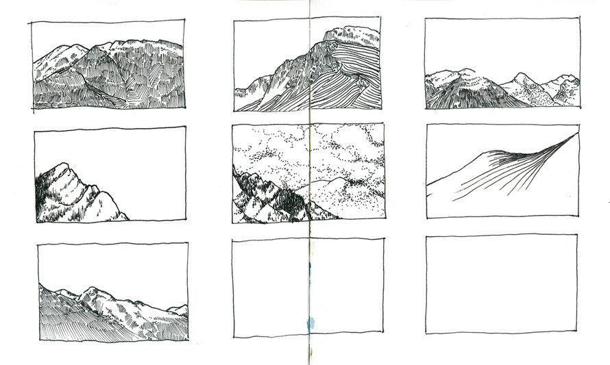 Caderno de desenho aberto com nove quadrículas, cada uma com um desenho