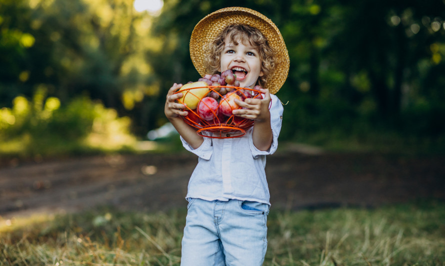 Criança com uma cesta de fruta nas mãos
