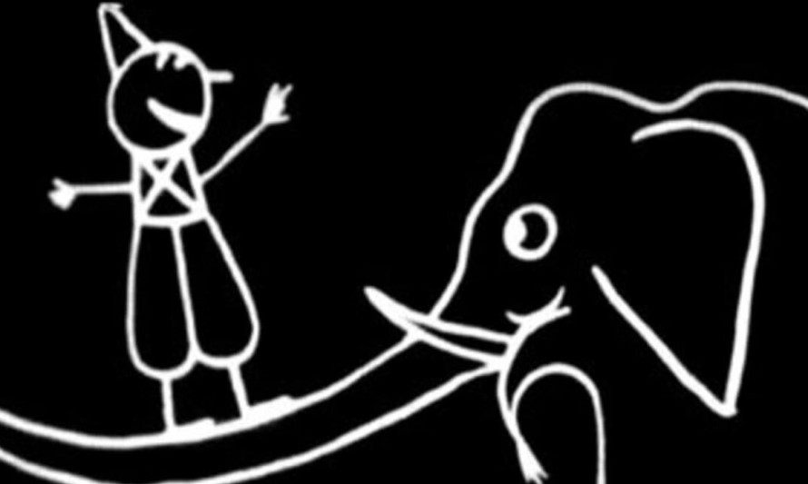 Desenho animado de um palhaço equilibrado na tromba de um elefante