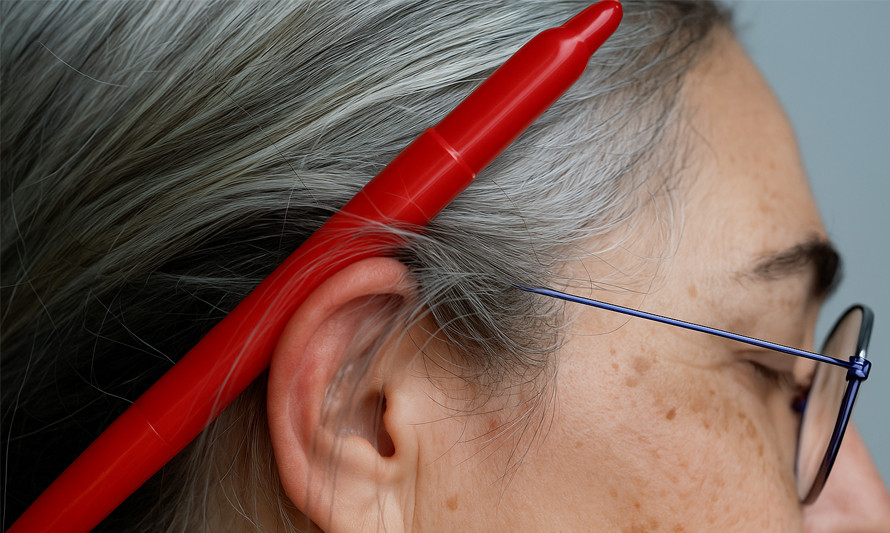 Foto de rosto com caneta vermelha atrás da orelha