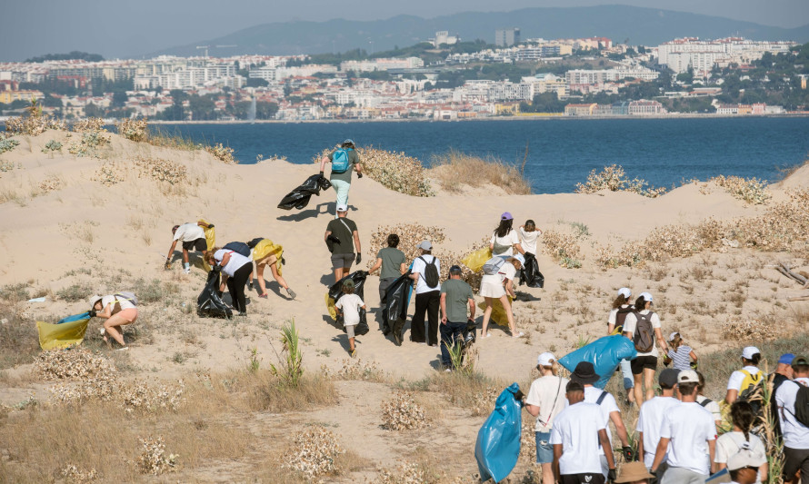grupo de pessoas numa limpeza de praia