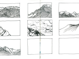 Caderno de desenho aberto com nove quadrículas, cada uma com um desenho