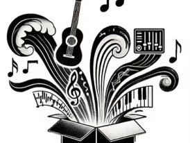 Desenho de caixa tipo pandora, de onde saiem instrumentos, pautas e notas musicais