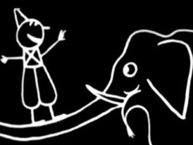 Desenho animado de um palhaço equilibrado na tromba de um elefante