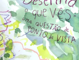 Aguarela abstracta em tons azul, amarelo e verde