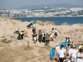 grupo de pessoas numa limpeza de praia