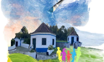 Aguarela a representar uma coisa inserida numa paisagem campestre