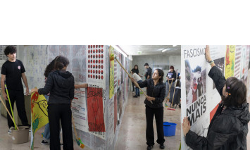 montagem fotográfica de jovens a colar cartazes